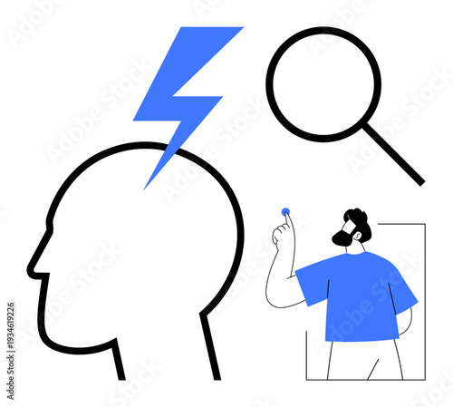 Mental clarity, creativity, cognitive analysis, research, problem-solving, idea generation. Human head with a lightning bolt, magnifying glass and a figure holding a light bulb. Creativity