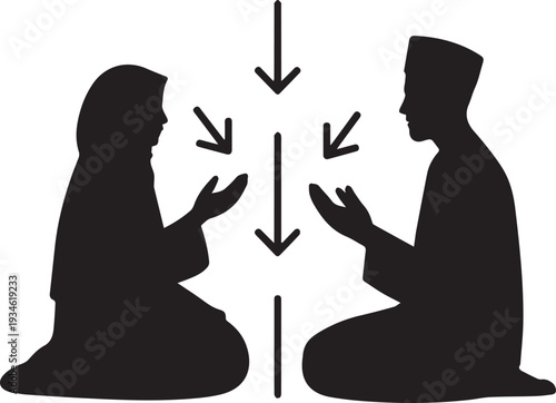 Silhouettes of man and woman kneeling facing each other with arrows pointing between them des