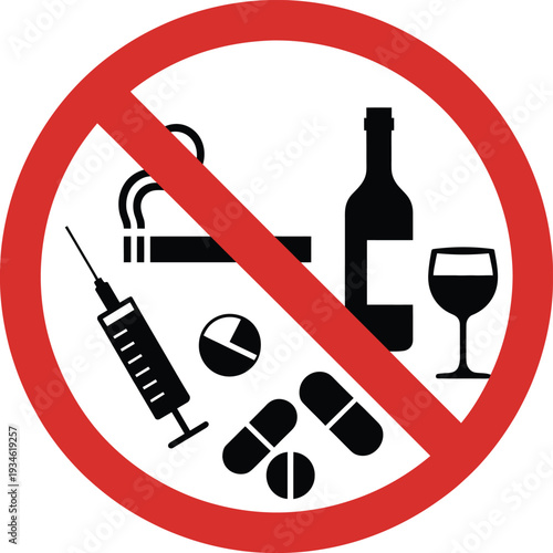 Stop addiction symbol vector illustration featuring no drugs, no alcohol, and no smoking, perfect for danger and warning graphics, public health campaigns, and substance abuse prevention.