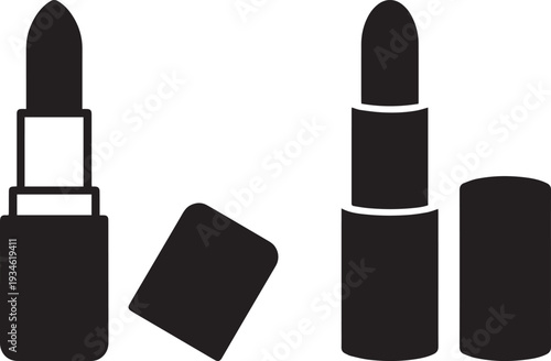 Black and white vector icon illustration of two lipstick tubes with their caps removed, representing cosmetics and beauty products. Vector