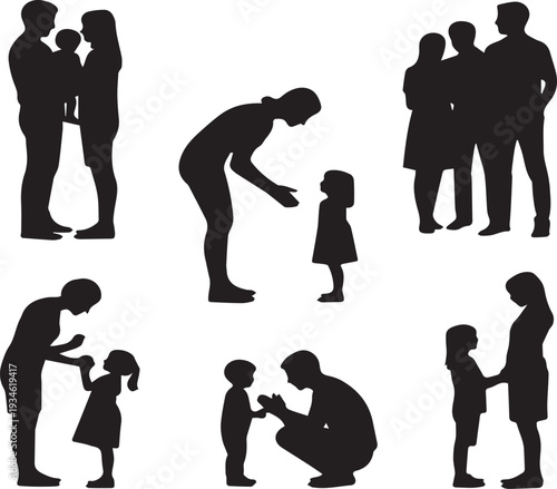 Silhouettes of parents and children interacting in various affectionate ways family