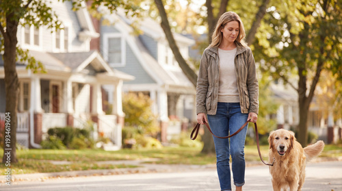 A woman walks her golden retriever down a tree-lined street in a peaceful suburban neighborhood. The warm glow of the sunlight enhances the sense of calm and contentment.
