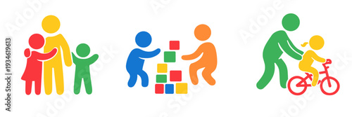Bright flat icon set showing parents and children together, kids building blocks, and cycling play. Ideal for parenting topics, childcare services, and community education graphics.