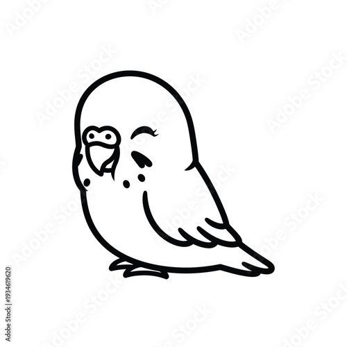Adorable and whimsical cartoon budgie with closed eyes and a cheerful expression, depicted in a charming hand-drawn outline style, perfect for playful designs.