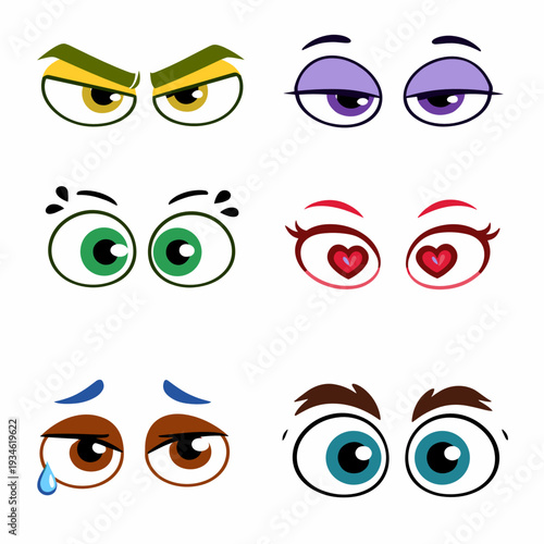 Set of six cartoon eye pairs showing love hearts, sleepy gaze, suspicious look, excitement, sadness with tear, and wide-eyed surprise. Flat vector stickers.