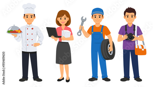 Flat vector set of four professions: chef holding serving tray, office worker with laptop and documents, mechanic with wrench and tire, and photographer with camera bag, isolated on white.
