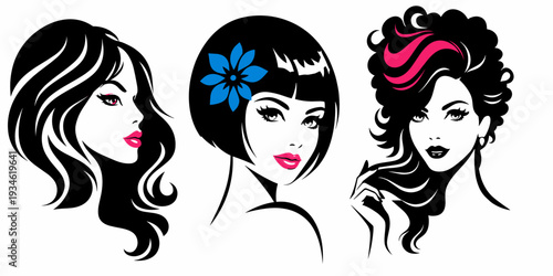 Three glamorous women portraits with modern hairstyles, bold eyeliner and bright lips, decorated with flower accents. Fashion and beauty illustration set for salon branding, posters and ads.