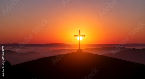 A silhouette of a cross at sunset over the ocean, symbolizing faith and tranquility