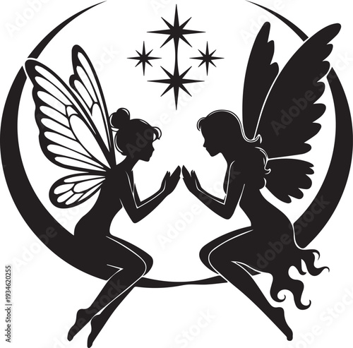 Two black silhouette fairies with wings touching hands under a crescent moon and stars