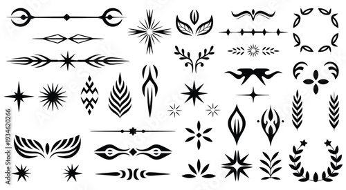 Vector set of gothic and tribal decorative elements featuring spiky arches, thorny dividers, and ornate corner frames, perfect for creative design, illustration, posters, and ornamental graphic projec