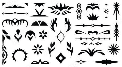 Vector set of gothic and tribal decorative elements featuring spiky arches, thorny dividers, and ornate corner frames, perfect for creative design, illustration, posters, and ornamental graphic projec