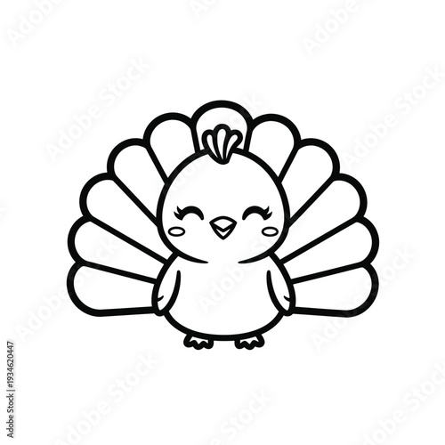 Adorable cartoon baby turkey with fanned tail feathers and cute blushing cheeks, a simple line drawing perfect for children's crafts and Thanksgiving holiday designs.