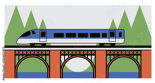 Modern Train on Brick Bridge. Modern passenger train crossing brick viaduct.
