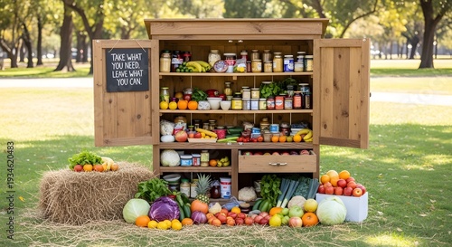 Sunlit park scene of a reclaimed-wood community pantry overflowing with fruits, vegetables, and pantry goods spilling onto hay below,  sign reading “Take what you need, leave what you can,”