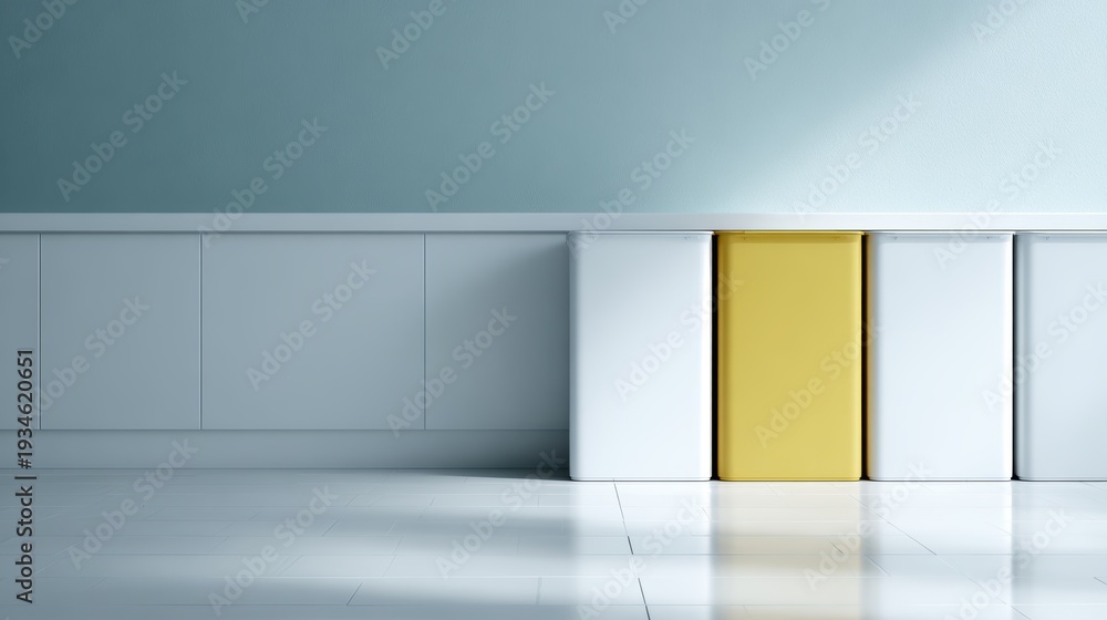 Obraz premium Modern recycling bins in a minimalist office, color-coded for paper, plastic, and glass
