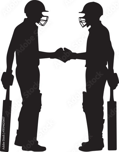 Two Cricket Players Shaking Hands Silhouette With Helmets And Bats black