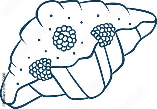 Blue line sketch of a flaky French croissant with raspberries, simple vector icon. Mediterranean-inspired doodle for culinary projects, dessert menus or French bakery