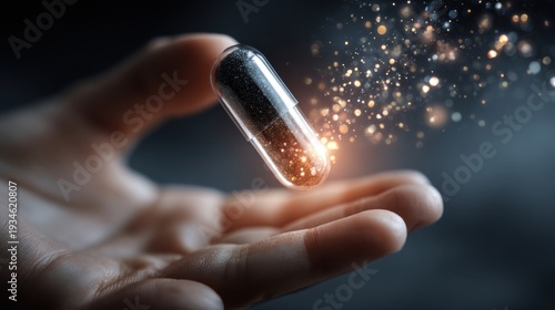 Hand holding magical glowing capsule with sparkling particles