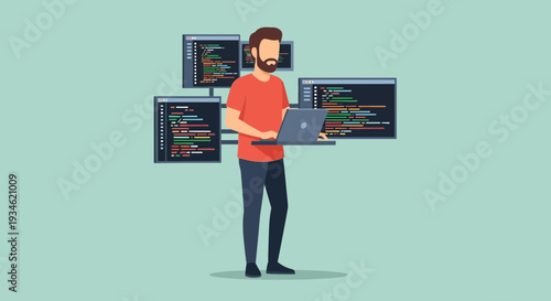 Man Holding Laptop with Code Screens.