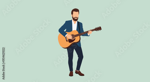 Man Playing Guitar Standing in Suit.