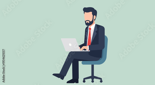 Man Sitting on Office Chair Using Laptop.