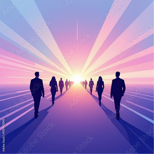 Human progress as moving abstract figures silhouettes converging towards the horizon, pastel gradient palette.eps