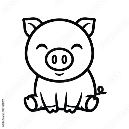 Adorable cartoon happy piglet with big eyes, simple outline drawing, sitting playfully, perfect for children's books, farm themes, and cute farm animal graphics.