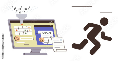 Online security, fraud prevention, financial safety, digital transactions, data breach, cybercrime. Computer screen showing invoice and binary code, figure running away. Online security and fraud
