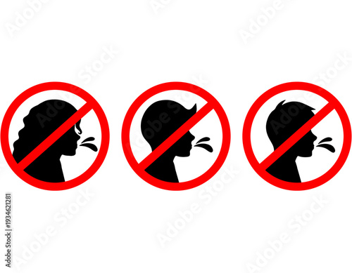 Three black silhouettes of people spitting, each crossed out by a red circle with a diagonal line, indicating 'no spitting' rules.
