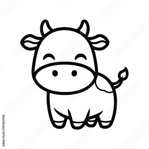 Adorable, simple line art vector of a smiling, happy cartoon baby cow with large, innocent eyes, perfect for children's books and farm-themed designs.