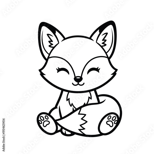 Adorable cartoon kawaii baby fox with fluffy tail sitting with eyes closed in peaceful expression, simplified line art drawing for children's books, white background.
