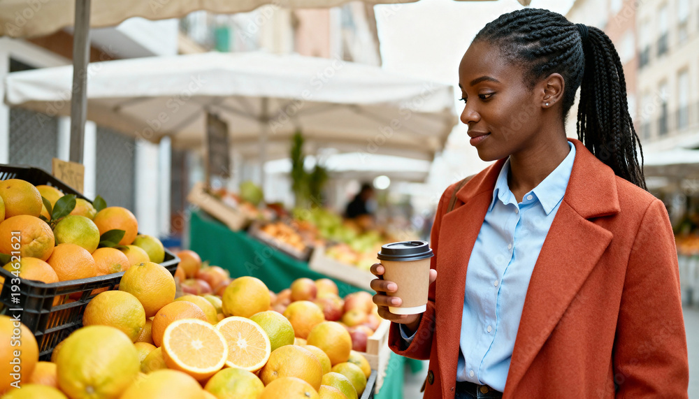 Obraz premium Young black woman with coffee shopping for fresh oranges at an outdoor market. Stylish female customer choosing healthy fruit at a local farmers' market stall
