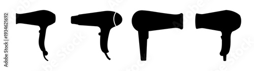 Four different hair dryers in black silhouette vector illustration