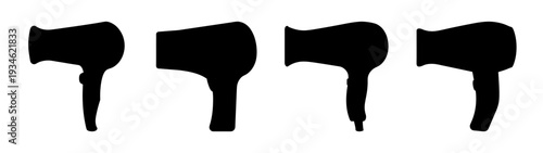 Four different hair dryers in black silhouette vector illustration, flat design