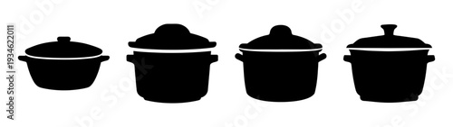 Four black slow cookers in a row, vector illustration, flat design