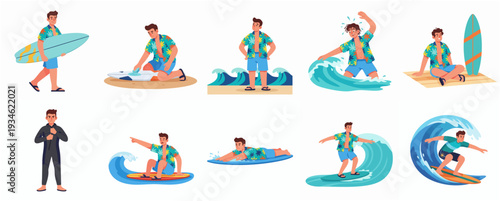 Flat Character Poses Surfing Activity on The Beach for Summer Vacation