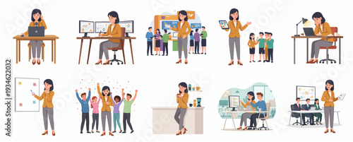 Cartoon Style Diverse Business Woman Character in Various Office Situations