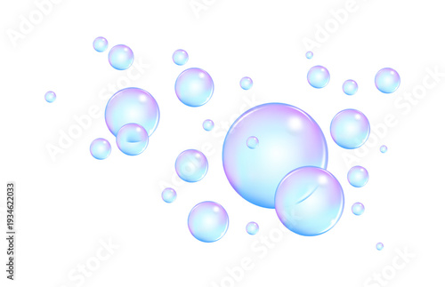 Fizzing air and water blue bubbles on white background with fizzy sparkles. 