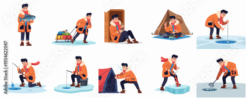 Cartoon Style Winter Fishing Activity Man Character Isolated Illustration