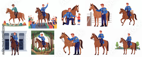 Flat Illustration Policeman and Horse in Various Situations Set Element