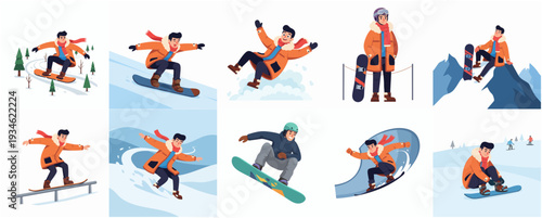 Flat Illustration Various Snowboard Activity Pose Man Character on Winter Mountain