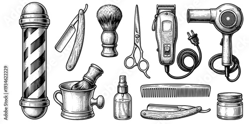 Barber tools silhouette, Barber tools, Barbershop tools, Hairdressing tools set, Barbershop equipment silhouette, Salon tools silhouette, Hairdresser tools icons set 