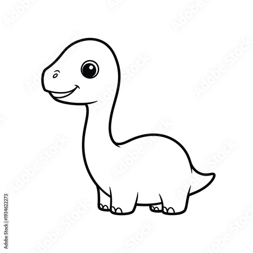 Adorable cartoon baby Brontosaurus dinosaur with large eyes and a friendly smile, outlined in black and white, perfect for children's books, coloring pages, and educational materials.