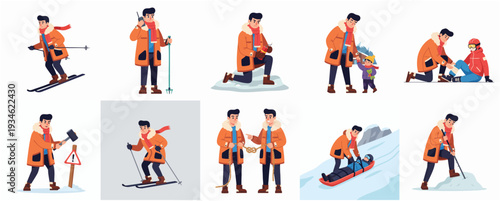 Flat Illustration Set of Man Enjoying Winter Outdoor Recreational Activity