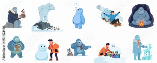 Colorful Flat Illustration Set of Yeti and Human Activities in Winter