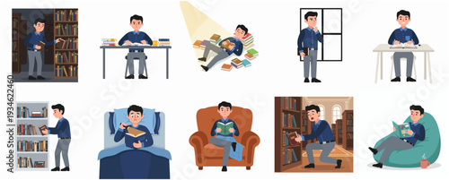 Cartoon Illustration of a Man Reading in Various Poses and Locations