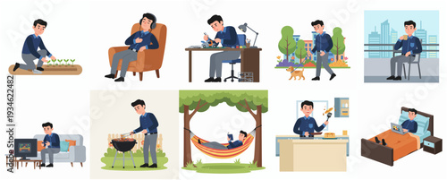 Flat Design Man Doing Different Activities Daily Life Illustration Set