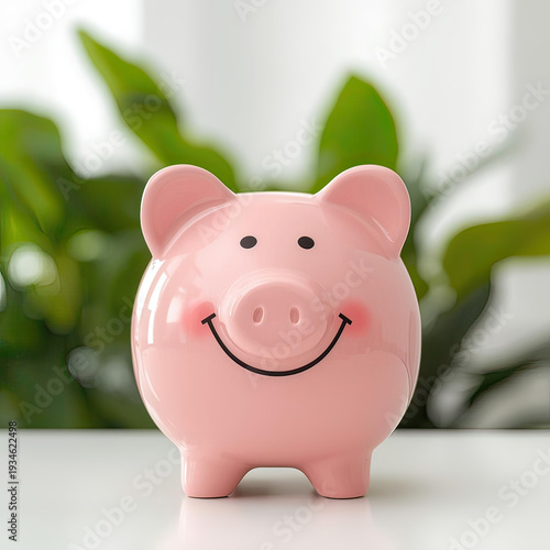 Smiling pink piggy bank on white table with green leaves