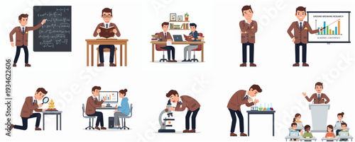 Flat Design University Professor in Different Situations and Actions Icon Set