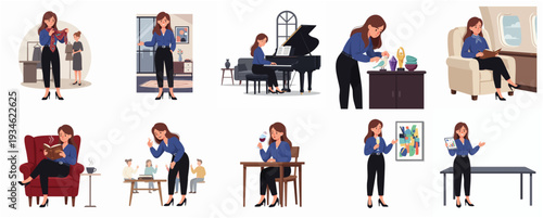 Cartoon Elegant Woman in Various Activities and Poses Lifestyle Illustration Set